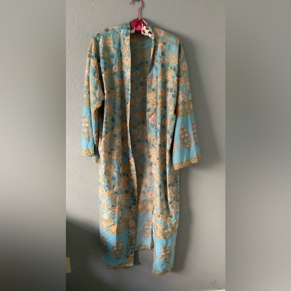 Cost Plus World Market Light Blue and Gold Floral Open-Front Kimono